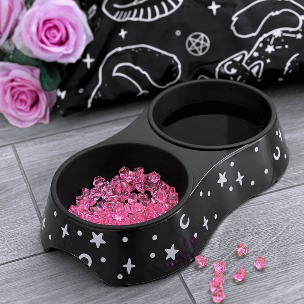 Killstar Pet Duo Food Bowl Goth Horror Halloween Moon Stars Black Silver